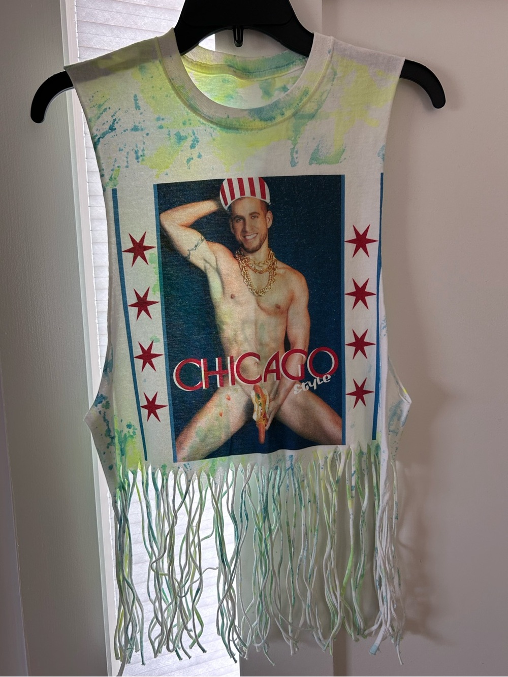 Fringed Tie-Dye Graphic Tank with Chicago Style Hotdog 🌭 Print Small
